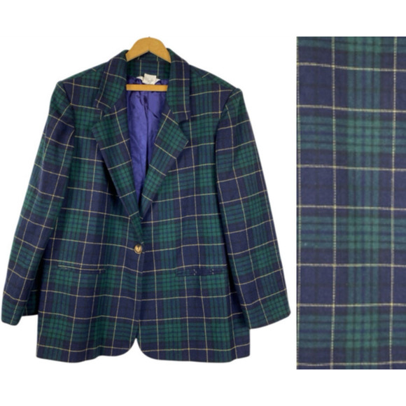Unbranded Jackets & Blazers - Vintage Plaid Blazer Womens 18 Blue Green Wool Blend Preppy Academia 1X 90s